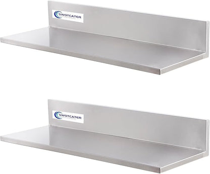 Stainless Steel Wall Shelf 8.6"x24" 60LB, 2 Packs L-Shaped Commercial Wall Mount Floating Shelving for Kitchen, Restaurant, Home