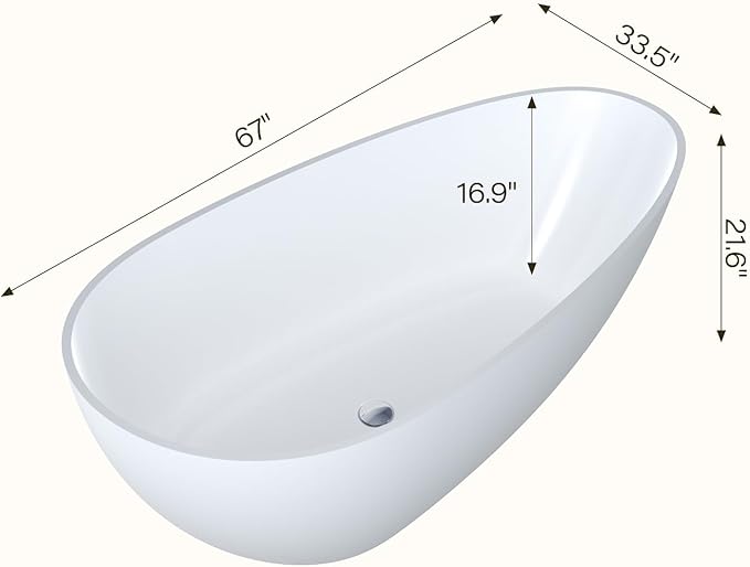 GarveeLife Freestanding Solid Surface Bathtub 67 Inch – Matte White Deep Soaking Tub, Contemporary Stone Stand Alone Bathtub with Smooth Ergonomic Design for Luxury Bathroom
