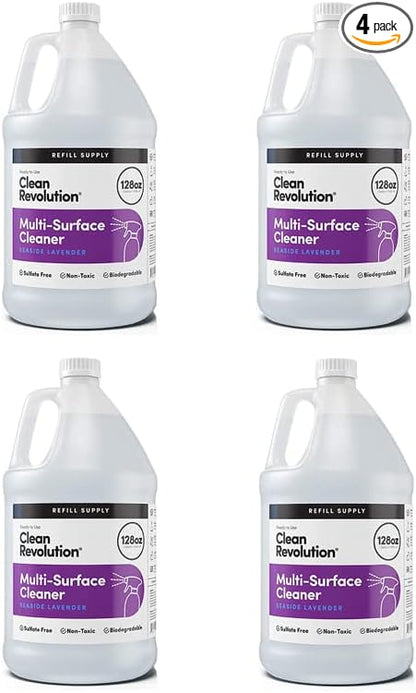 Clean Revolution Multi Surface Cleaner Refill Supply, Non-Toxic, Eco-Friendly & Plant-Based, Ready to Use, Seaside Lavender, 128 Fl Oz (Pack of 4)