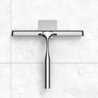 Stainless Steel Squeegee for Shower Glass Doors, 10-Inch All-Purpose Squeegee with Replacement Blade and Matching Hooks Holder, Silver