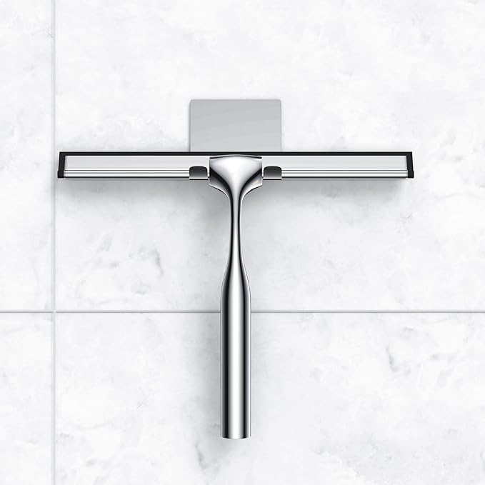 Shower Squeegee Set, Include Shower Door Hook, Adhesive Hook and Spare Silicone Blade, Window Squeegee for Shower Glass Door, Bathroom, Mirror, Window Car Glass 14Inches Silver