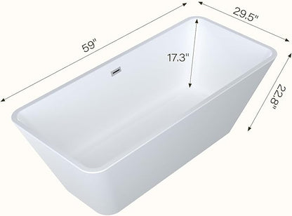 59" Free Standing Tub, Acrylic Soaking Bathtub, Stand Alone Freestanding Tub with Matte Sliver Drain and Overflow, Contemporary Bathtub for Bathroom, Elegant White