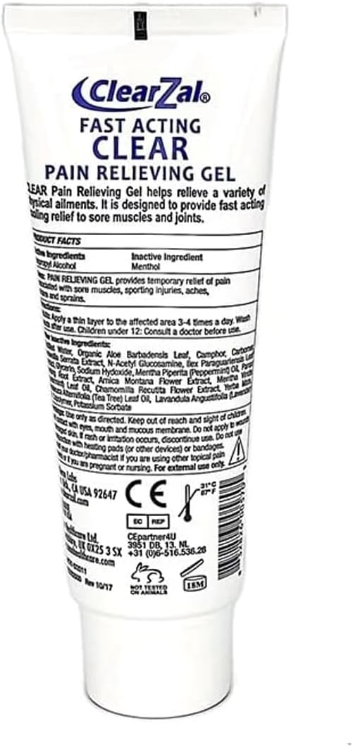 ClearZal Fast Acting Clear Pain Relieving Gel with Cooling Cryotherapy, Boswellia and Glucosamine for Sore Muscles and Joints, Soothing Cooling Gel 3.4 oz