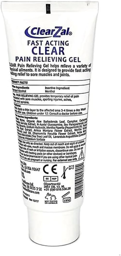 ClearZal Fast Acting Clear Pain Relieving Gel with Cooling Cryotherapy, Boswellia and Glucosamine for Sore Muscles and Joints, Soothing Cooling Gel 3.4 oz