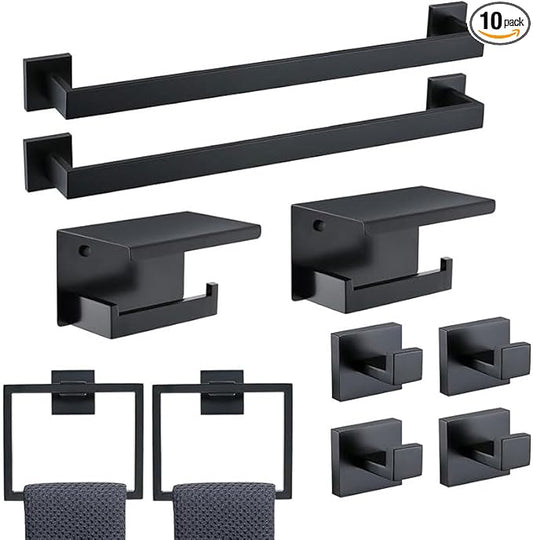 10 Pack Matte Black Bathroom Hardware Set - SUS304 Stainless Steel Wall-Mounted Towel Bar, Holder & Racks, 23.6 Inch