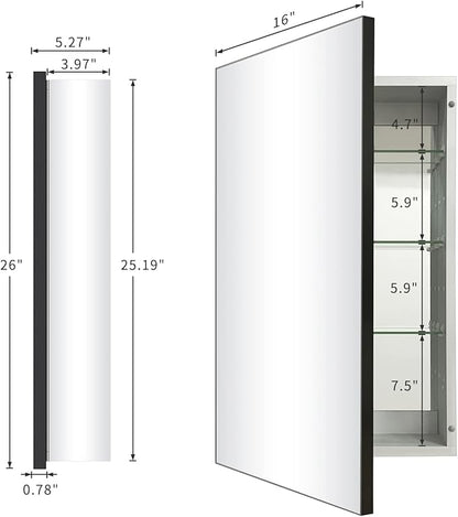 Bathroom Medicine Cabinet with Farmhouse Black Aluminium Alloy Framed 26(H) x 16(W) Inches Recess or Surface Mount Mirror Cabinet for Bathroom Toilet Kitchen