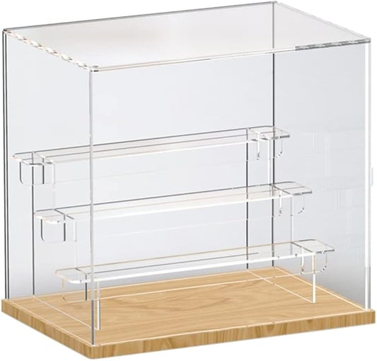 Choowin 4 Tier Clear Acrylic Display Case for Collectibles, Mini Figures, Pop Mart, Labubu, Sonny Angel, Smiski - Assemble Dustproof Acrylic Display Box with Door, Stand (Wood Base, Clear Step)