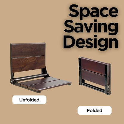 Folding Shower Seat Wall Mounted with Back | 500 lbs Maximum Load Capacity | ADA Compliant Safety Assist Teak Shower Seat for Seniors, Handicapped, and Children | 304 Stainless Steel Frame | 26” x 16”