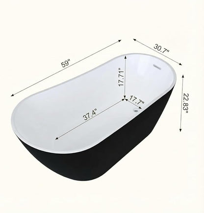 59" Freestanding Acrylic Bathtub, Deep Soaking Tub with Non-Slip Base & Chrome Drain, cUPC Certified, Black Upturned
