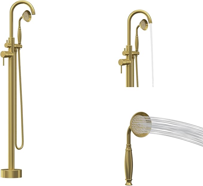 Freestanding Tub Filler Brushed Gold Floor Mount Bathtub Faucet Bathroom,Rough-in Valve 2 Function Handshower for Tub Rinsing Bathing,Anti-Wobble Base,Telephone-Shape Handheld