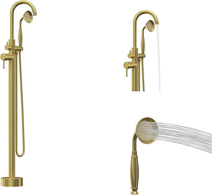 Freestanding Tub Filler Brushed Gold Floor Mount Bathtub Faucet Bathroom,Rough-in Valve 2 Function Handshower for Tub Rinsing Bathing,Anti-Wobble Base,Telephone-Shape Handheld