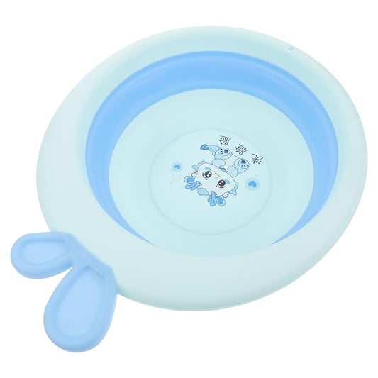 Kisangel Foldable Bath Tub and Wash Basin for Newborns, Cartoon Blue, Portable Plastic Bathtub for Bottle Washing and Hair Wash, Suitable for Travel and Home Bathing