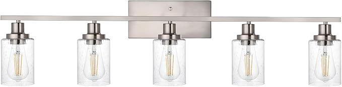 40-Inches Length Bathroom Vanity Lighting Fixtures Over Mirror in Brushed Nickel, 5-Lights Industrial Sconce Wall Lamp with Seeded Glass Shades