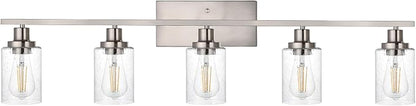 40-Inches Length Bathroom Vanity Lighting Fixtures Over Mirror in Brushed Nickel, 5-Lights Industrial Sconce Wall Lamp with Seeded Glass Shades