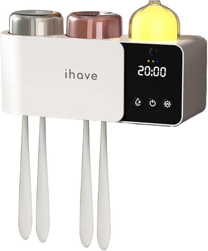 iHave Toothbrush Holders with UV Toothbrush Sanitizer, Aromatherapy Diffuser & IR Night Light - 4-Hour Smart Cruise Disinfection, Auxiliary Combo Drying - Wall-Mounted Bathroom Organizer with 2 Cups
