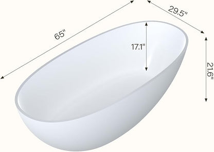 65" Resin Stone Freestanding Bathtub, Soaking Tub, Ergonomic Design, Easy Installation for Modern Spa Bathrooms, Matte White