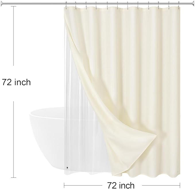 MitoVilla 3 in 1 Shower Curtain Set, Cream Boho Farmhouse Linen Textured Bath Curtain and Clear PEVA Liner Set with 12 Double Sided Steel Hooks, Waterproof Fabric Hotel Bathroom Curtain - 72x72