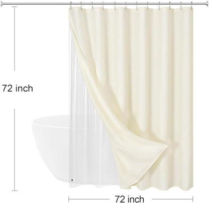 MitoVilla 3 in 1 Shower Curtain Set, Cream Boho Farmhouse Linen Textured Bath Curtain and Clear PEVA Liner Set with 12 Double Sided Steel Hooks, Waterproof Fabric Hotel Bathroom Curtain - 72x72