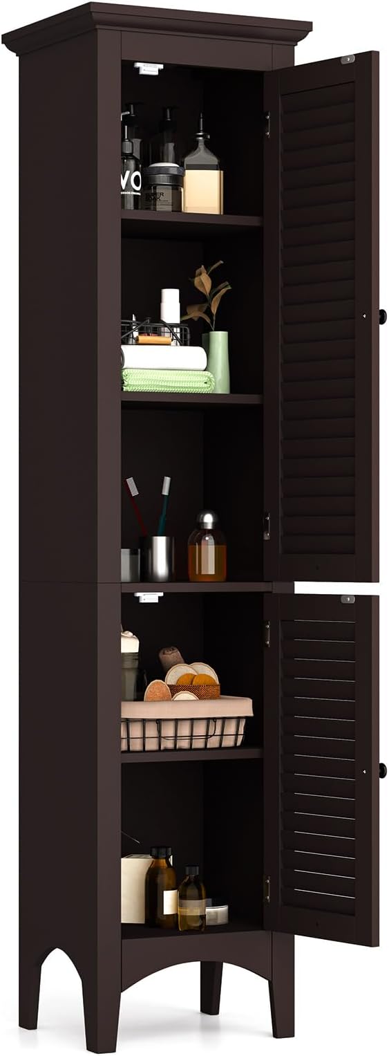 Tangkula 63" Tall Bathroom Storage Cabinet, Freestanding Narrow Linen Tower with Adjustable Shelf, Modern Slim Floor Cabinet with 2 Doors for Bathroom, Living Room, Kitchen (Brown)