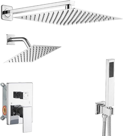 Shower Faucet Set Polished Chrome Shower System, Knob Switch Diverter Shower Faucet with High Pressure Handheld Spray, Wall Mount 12 Inch Shower Head with 6 Inch Wall Mount Shower Head