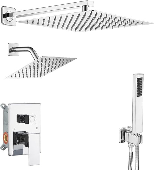 Shower Faucet Set Polished Chrome Shower System, Knob Switch Diverter Shower Faucet with High Pressure Handheld Spray, Wall Mount 12 Inch Shower Head with 6 Inch Wall Mount Shower Head