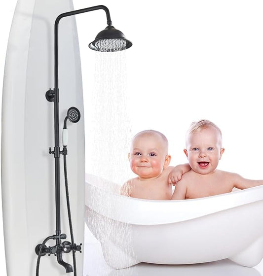 Shower System Matte Black Outdoor Shower Fixtures with 8 Inch Shower Head Handheld Spray and Tub Spout 2 Cross Handles Wall Mounted Shower Faucet Set for Bathroom or Backyard