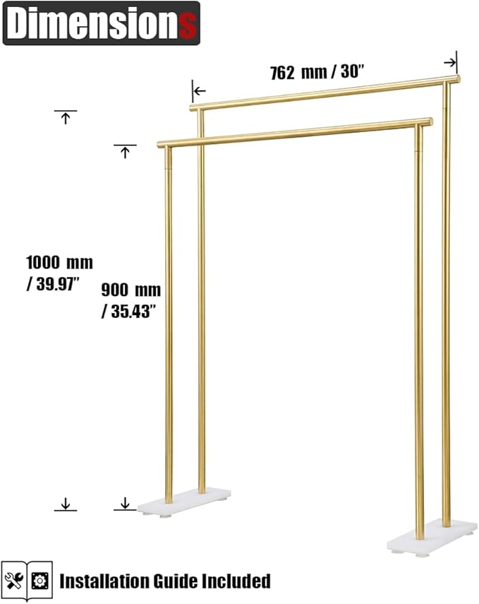 JQK Bath Towel Bar Free Standing Gold, 30 Inch Stand Double Towel Rack Holder Shelf for Bathroom Floor, Brushed Gold, BTH120L30-WG