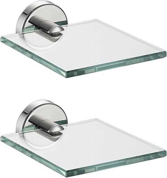 JQK Small Floating Glass Shelves Chrome, 4 Inch Display Ledges for Wall, Mini Decor, Living Room Bedroom Bathroom, Tempered Glass Shower Storage, 2 Pack, TGS101L4-CH-P2