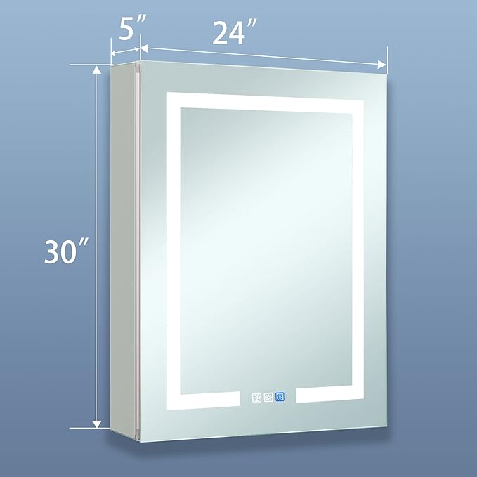 GroGro LED Lighted Bathroom Medicine Cabinet with Mirror,24" W x 30" H Medicine Cabinet with Lights,Surface or Recessed Mounting,Defog,Dimming,3-Color Temperature Adjustment
