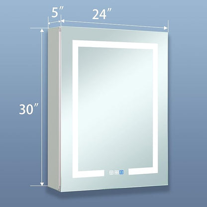 GroGro LED Lighted Bathroom Medicine Cabinet with Mirror,24" W x 30" H Medicine Cabinet with Lights,Surface or Recessed Mounting,Defog,Dimming,3-Color Temperature Adjustment