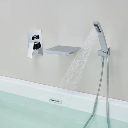 Wall Mount Tub Filler Waterfall Tub Faucet Chrome Bathtub Faucet Brass Single Handle Bathroom Faucet with Hand Shower