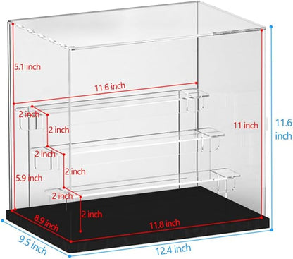 Choowin 4 Tier Clear Acrylic Display Case for Collectibles, Mini Figures, Pop Mart, Labubu, Sonny Angel, Smiski - Assemble Dustproof Acrylic Display Box with Door, Stand (Black Base, Clear Step)