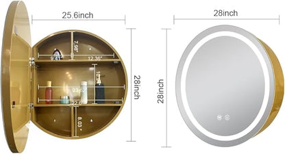 28inch Round Medicine Cabinet with Lights,Led Medicine Cabinet with Defogger,Illuminated Mirror Cabinet for Bathroom,Dimmable,Anti-Fog,3 Colors,Surface Mount only,Gold