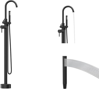 Freestanding Tub Filler Matte Black Floor Mount Bathtub Faucet Bathroom,Rough-in Valve 2 Function Handshower for Tub Rinsing Bathing,Anti-Wobble Base,Cylinder Handheld