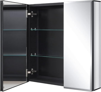 Fundin Black Aluminum Medicine Cabinet 24 x 24 Inch Recessed or Surface Mount, with Double Door and Adjustable Shelves.