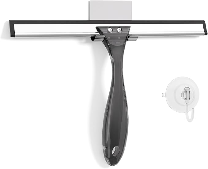 AmazerBath Shower Squeegee for Glass Doors, All-Purpose Squeegee with Suction Hook & Adhesive Hook, Squeegee for Shower Glass, Windows, Mirrors, Tiles and Car Windows - 10 Inches, Clear Black