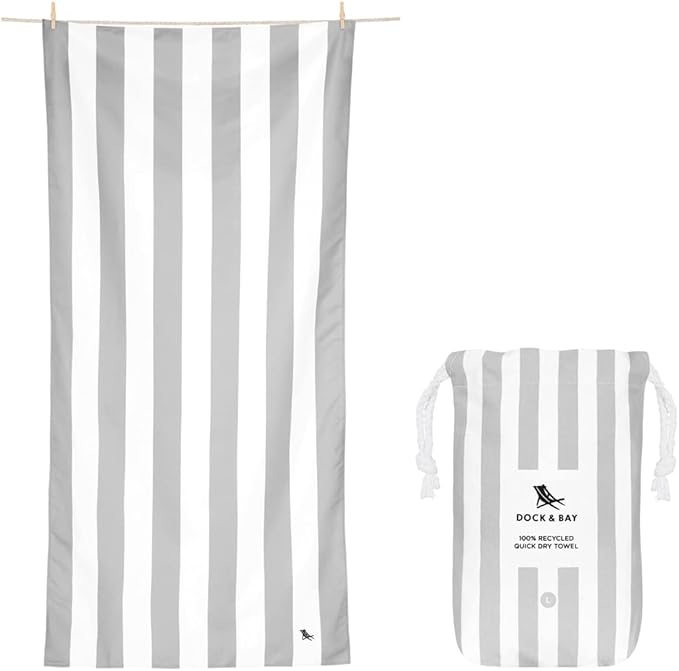 Dock & Bay Customized Beach Towel - Quick Dry, Sand Free - Compact, Lightweight - 100% Recycled - Includes Bag - Cabana Light - Goa Grey- Large