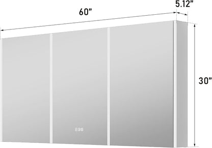 WELLFOR 60" x 30" LED Mirrored Bathroom Cabinet, Mirror Medicine Cabinet with Lights, Defogging LED Mirror Cabinet with Outlets & USB Ports, Surface Mounted, Three Doors, Hardwired Connected