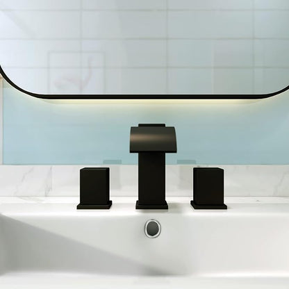 Luxury Brass 8 Inch Spread Modern Widespread Waterfall Bathroom Sink Faucets with Copper Valve for 3 Hole 2-Handle Deck Bathroom Vanity Faucet, &Stainless Steel Pop-up Drain Assembly, Matte Black