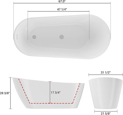 67'' Acrylic Freestanding Bathtub, Deep Soaking Tub, Non-Slip Upright Bathtub for Adults, cUPC Certified Bath, Chrome Drain, Modern, Bathroom, Scratch Resistant White Tub