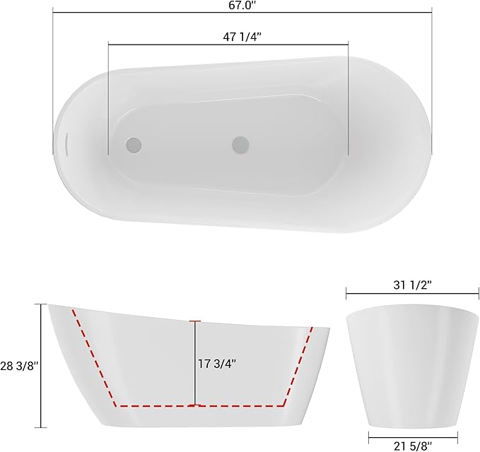 67 Inch Acrylic Freestanding Bathtub, Bathtub with Matte Drain and Overflow, Modern Square Tub with Deep Ergonomic Design and Double-Walled Insulation, Double-Walled Insulation, cUPC Certified