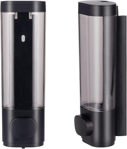 Manual Bathroom Wall Mounted Soap Dispenser, 10oz/300ml Single Black Bathroom Shampoo and Conditioner Dispenser, Clear Plastic Refillable Liquid Lotion Pump Dispenser and Organizer