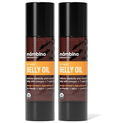 Mambino Organics Oh Baby! Belly Oil for Pregnant Women, Organic Stretch Mark Oil for Pregnancy, Postpartum Skin Elasticity, Hydration, Tamanu, Shea Butter, Calendula, Vegan, Non-GMO, 4 fl oz, 2-Pack