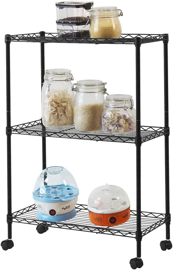 3 Tier Storage Racks Shelving, Heavy Steel Pantry Shelves, Adjustable Wire Shelving Rack with Wheels, Suitable for Garage, Kitchens, Offices, 19.7" W x 9.8" D x 28" H, Black