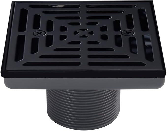 4-1/4 Inch Black Shower Drain Square, Base with Adjustable Drain Flange Kit PVC, Removable Grille Strainer Drain Cover with Screws, SUS304 Stainless Steel