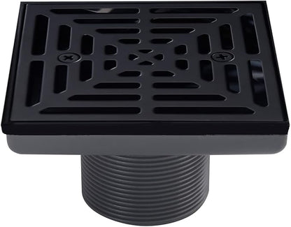 4-1/4 Inch Black Shower Drain Square, Base with Adjustable Drain Flange Kit PVC, Removable Grille Strainer Drain Cover with Screws, SUS304 Stainless Steel