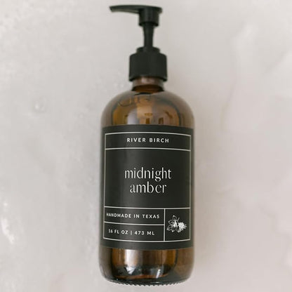 River Birch Midnight Amber Scented Natural Hand Soap - Handmade Soap - Moisturizing Hand Wash with Amber Glass Dispenser - Luxury Scented Hydrating Hand Soap - Vegan and Non-Toxic - 16 Fl Oz
