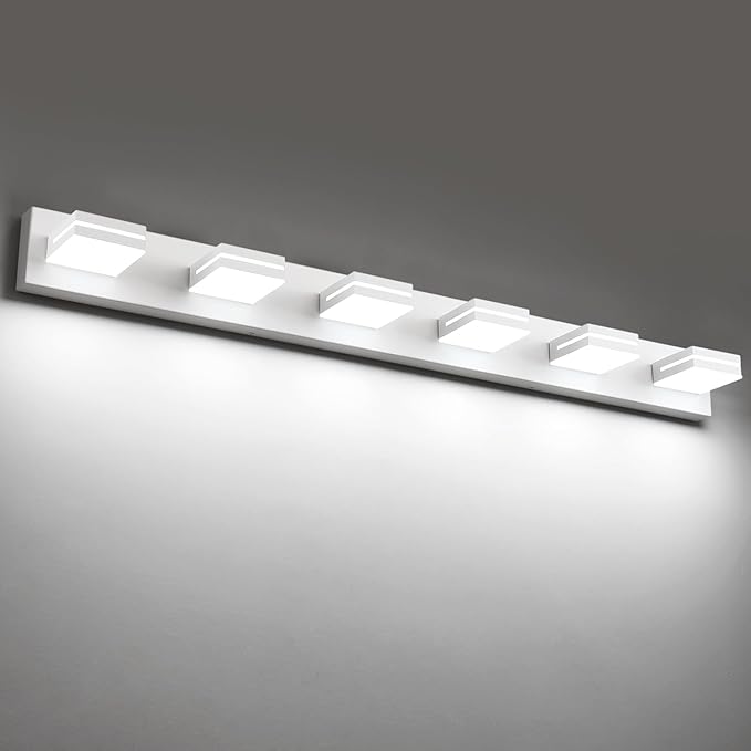 SineRise LED Modern Bathroom Vanity Light Fixtures (6-Light, 48-Inch), Matte White Modern Acrylic Bathroom Wall Lighting Fixtures Over Mirror (Cool White 6000K)