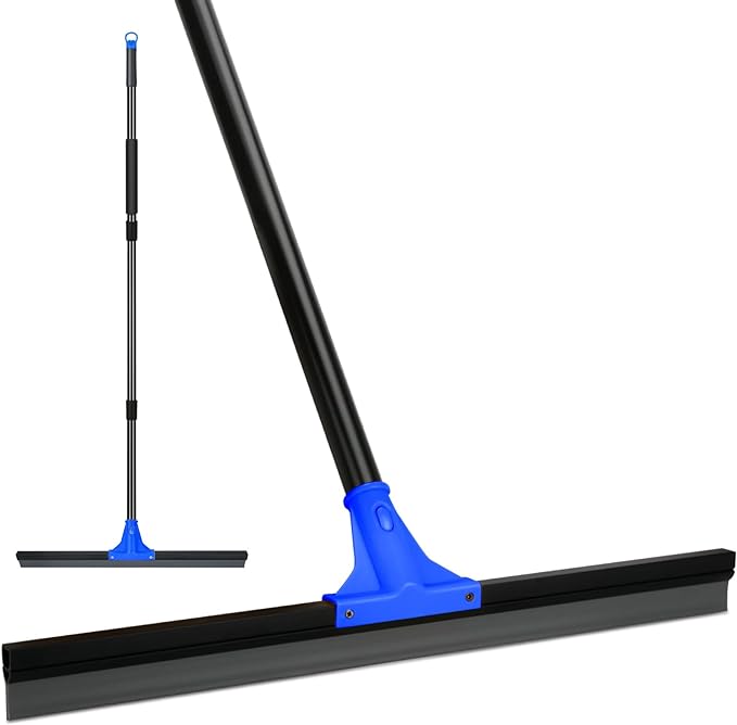 Floor Squeegee for Concrete and Tile Cleaning, 24'' Rubber Wiper Broom, Large Heavy Duty Water Scraper with 60'' Long Handle for Garage, Deck, Bathroom, Shower Glass, Window