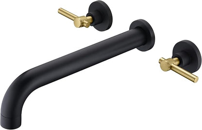 SUMERAIN Wall Mount Bathtub Faucet Set Long Spout Tub Filler High Flow Rate Black and Gold Finish